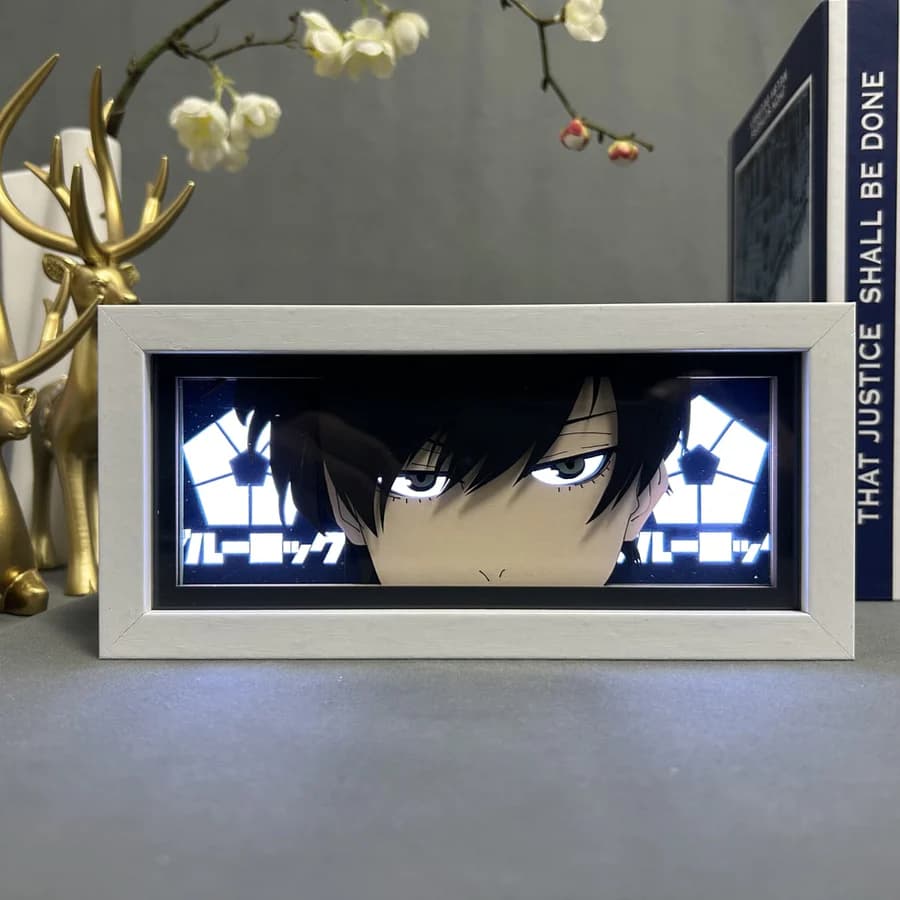 Blue Lock Rin Itoshi anime light box glowing with light on, room lights visible, by MyAnimeLightbox
