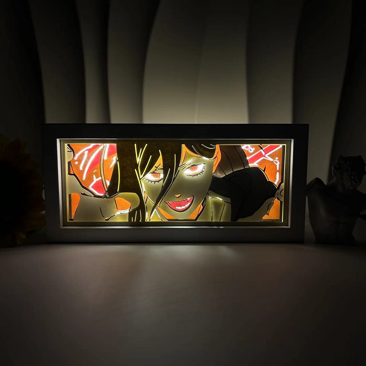 Chainsaw Man Power Smile anime light box by MyAnimeLightbox, glowing in dark room, dramatic lighting
