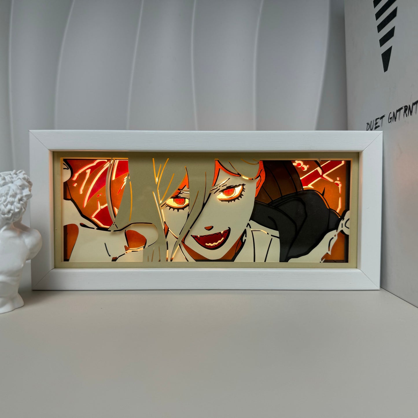 Chainsaw Man Power Smile anime light box glowing with light on, room lights visible, by MyAnimeLightbox