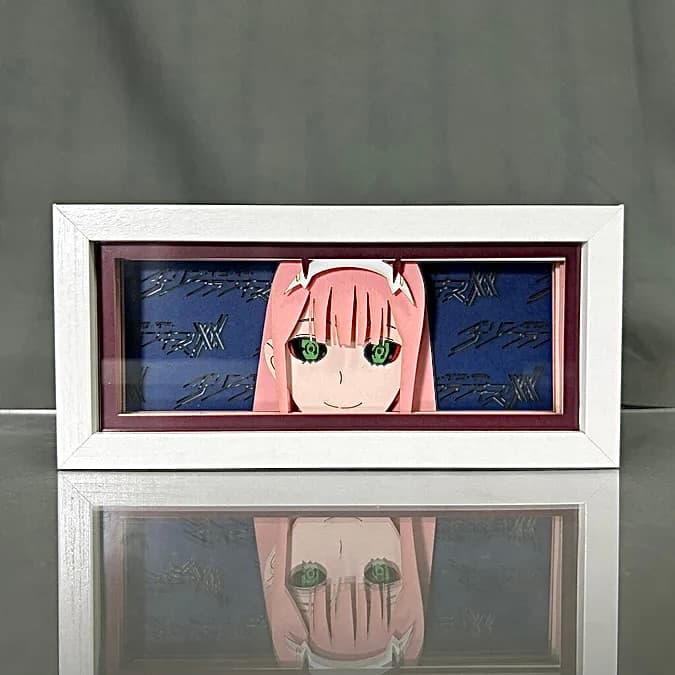 Darling In The Franxx Zero Two Smile anime light box by MyAnimeLightbox, display off, in white frame with decorative background