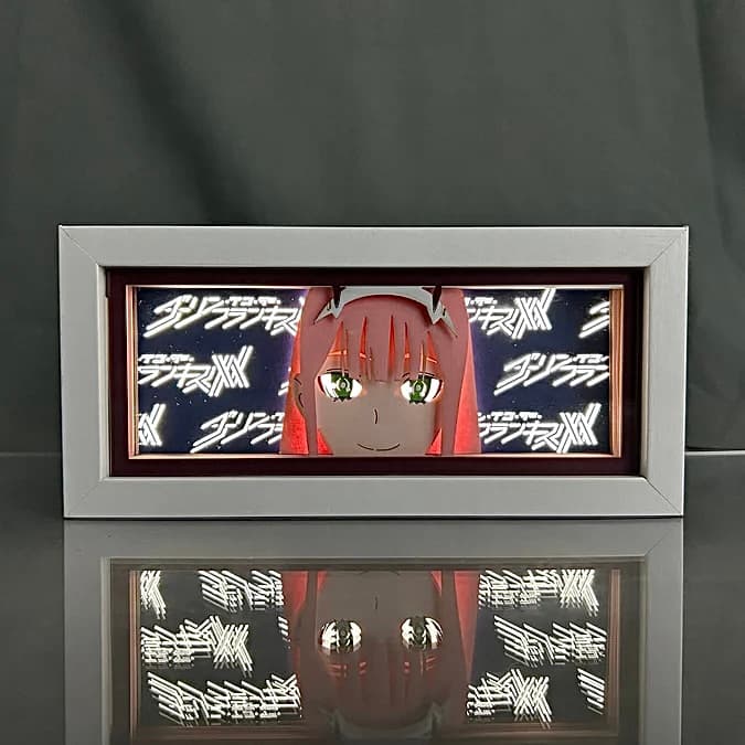 Darling In The Franxx Zero Two Smile anime light box glowing with light on, room lights visible, by MyAnimeLightbox
