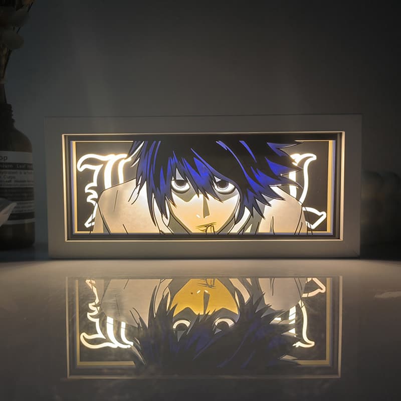 Death Note L Thinking anime light box by MyAnimeLightbox, glowing in dark room, dramatic lighting