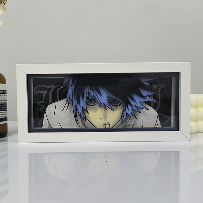 Death Note L Thinking anime light box by MyAnimeLightbox, display off, in white frame with decorative background