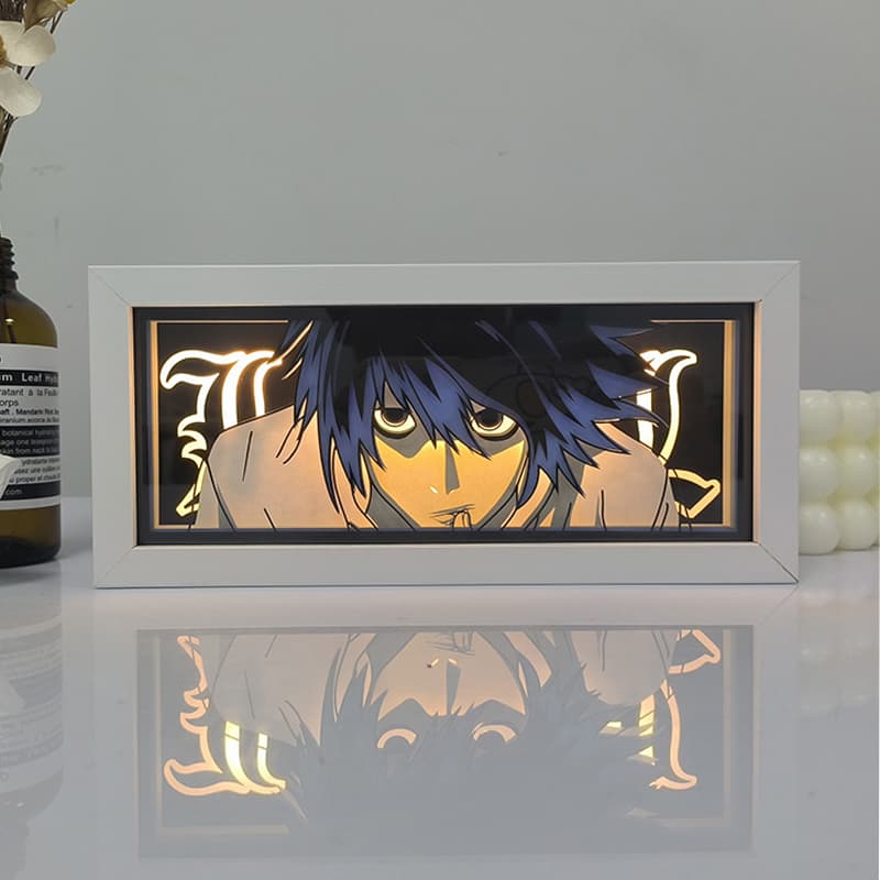 Death Note L Thinking anime light box glowing with light on, room lights visible, by MyAnimeLightbox