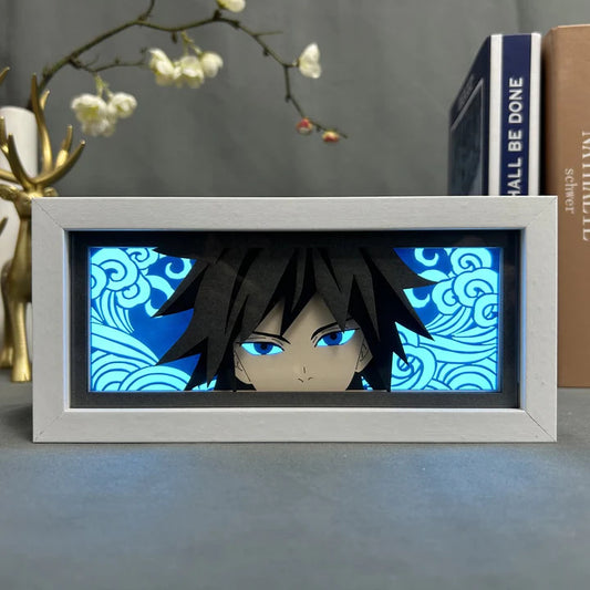 Demon Slayer Giyu Anime Light Box oleh Myanimelightbox, dihidupkan dengan cahaya bilik ambien