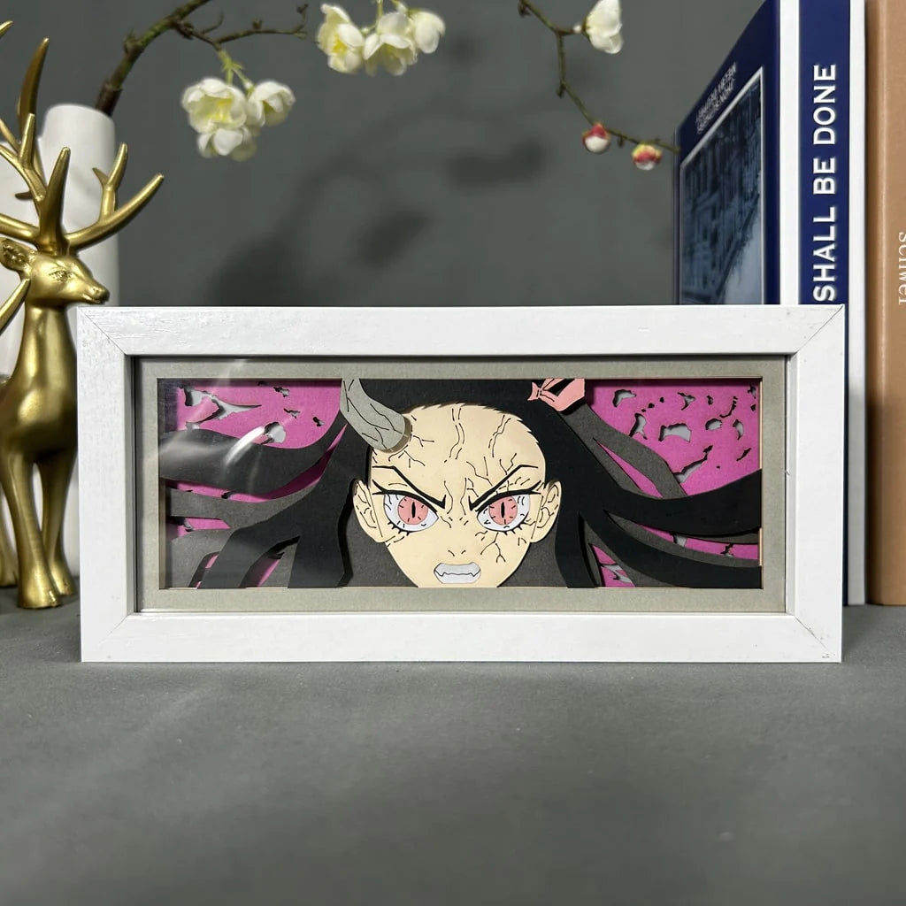 Demon Slayer Nezuko Awakened anime light box by MyAnimeLightbox, display off, in white frame with decorative background