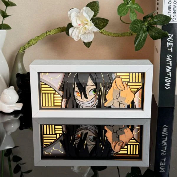 Demon Slayer Obanai Iguro Anime Light Box brillant de lumière allumée, lumières de la pièce visibles, par Myanimelightbox