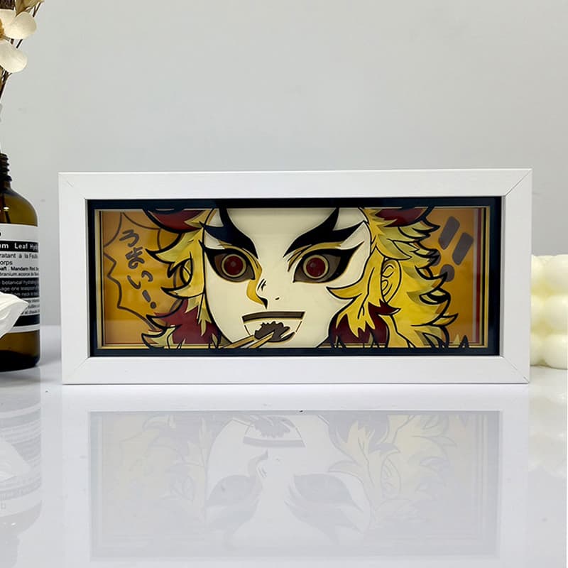 Demon Slayer Rengoku II anime light box by MyAnimeLightbox, display off, in white frame with decorative background