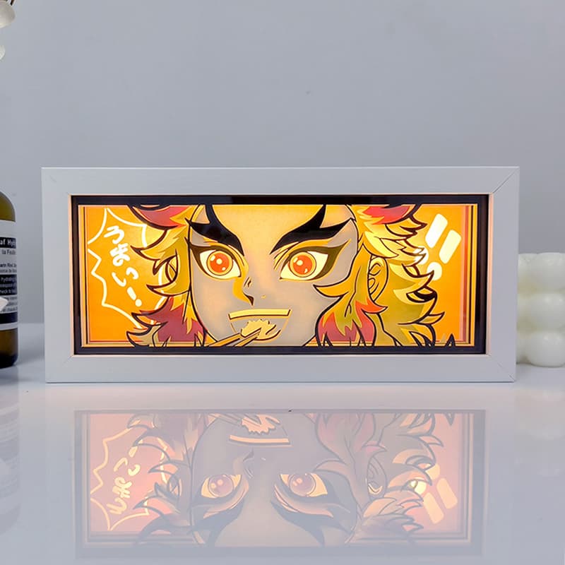 Demon Slayer Rengoku II anime light box glowing with light on, room lights visible, by MyAnimeLightbox