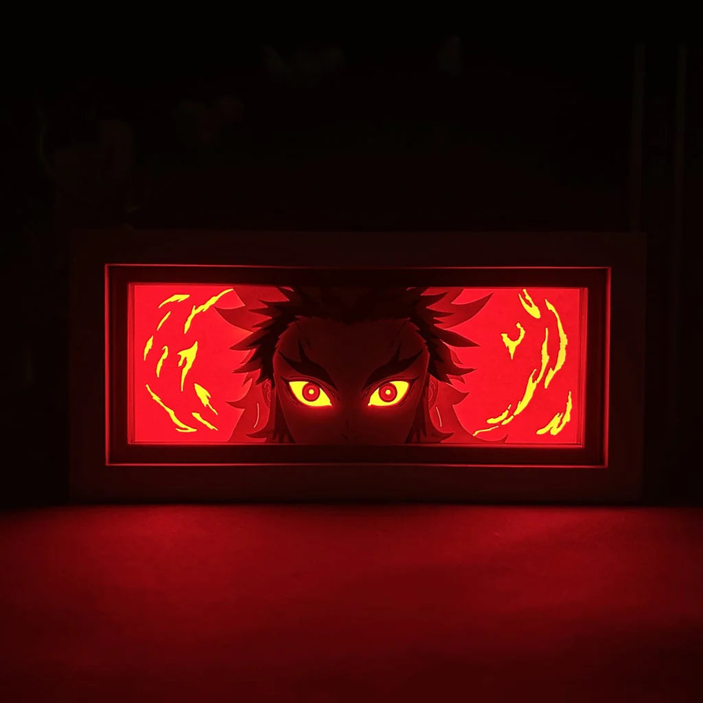 Demon Slayer Rengoku anime light box by MyAnimeLightbox, glowing in dark room, dramatic lighting