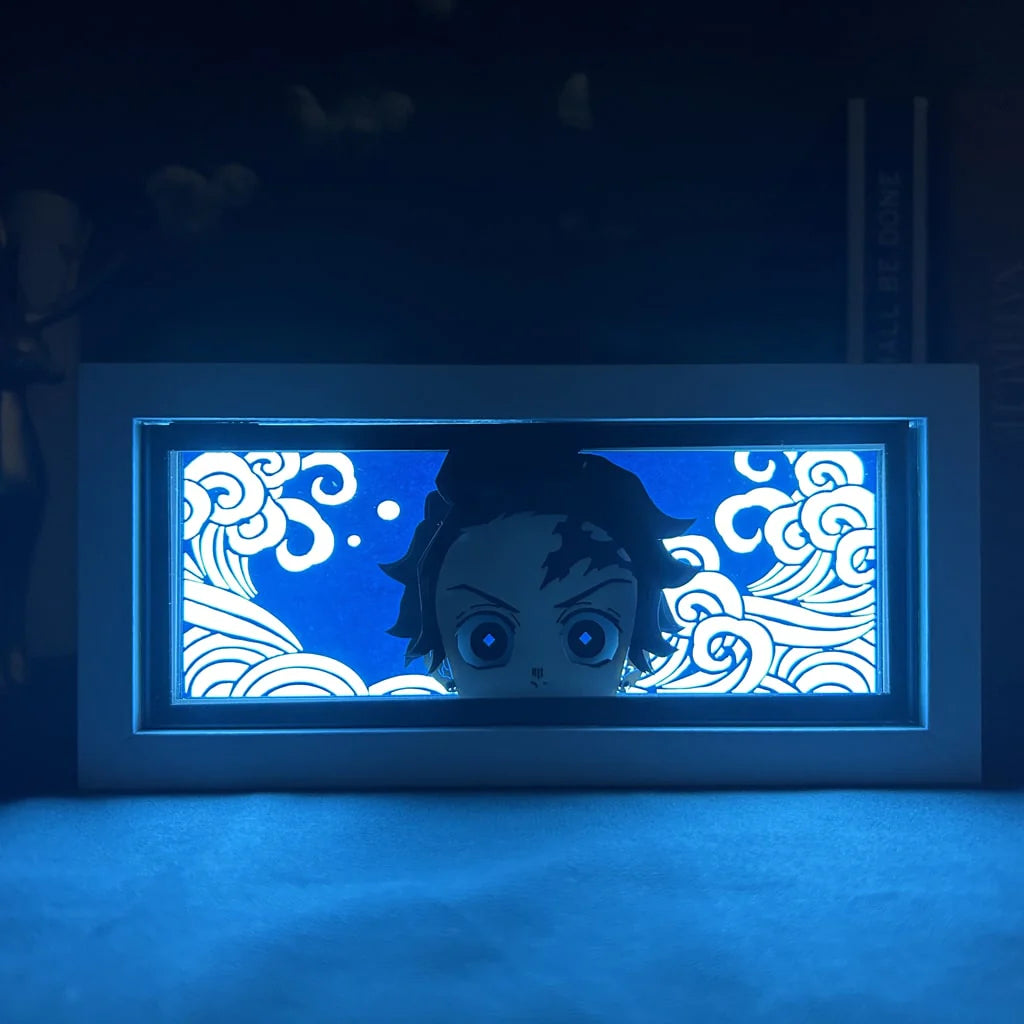 Demon Slayer Tanjiro anime light box by MyAnimeLightbox, glowing in dark room, dramatic lighting