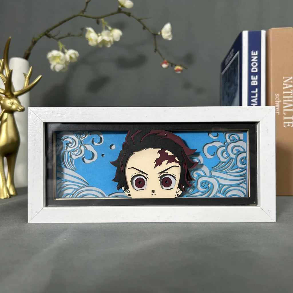 Demon Slayer Tanjiro anime light box by MyAnimeLightbox, display off, in white frame with decorative background
