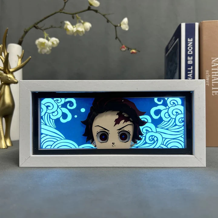 Demon Slayer Tanjiro anime light box glowing with light on, room lights visible, by MyAnimeLightbox