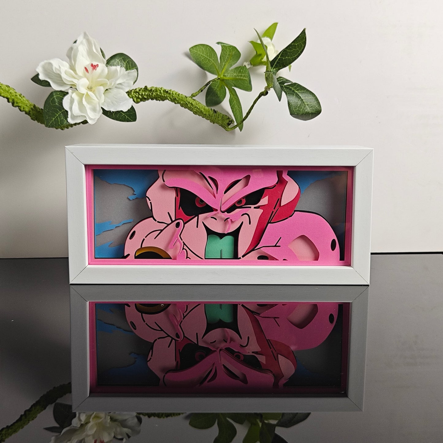 Dragon Ball Z Evil Buu anime light box by MyAnimeLightbox, display off, in white frame with decorative background