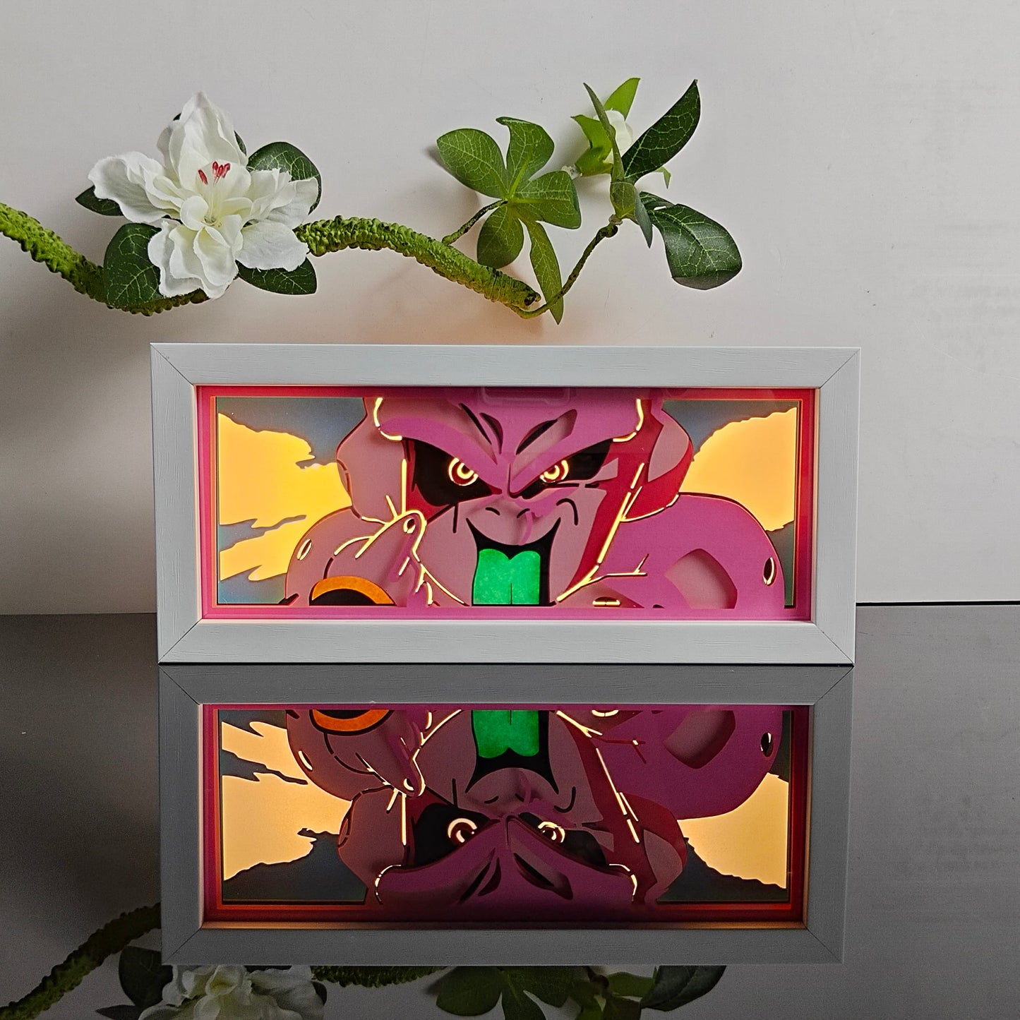 Dragon Ball Z Evil Buu anime light box glowing with light on, room lights visible, by MyAnimeLightbox