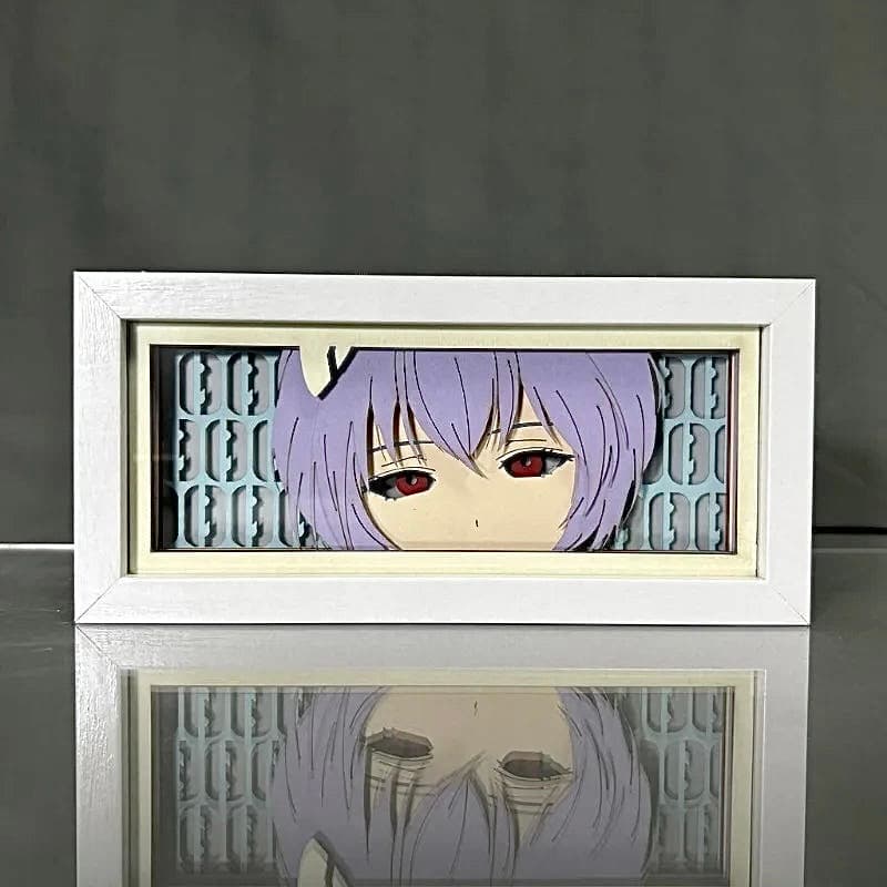 Evangelion Rei Ayanami anime light box by MyAnimeLightbox, display off, in white frame with decorative background