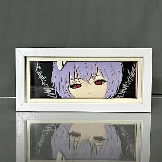 Evangelion Rei anime light box by MyAnimeLightbox, display off, in white frame with decorative background