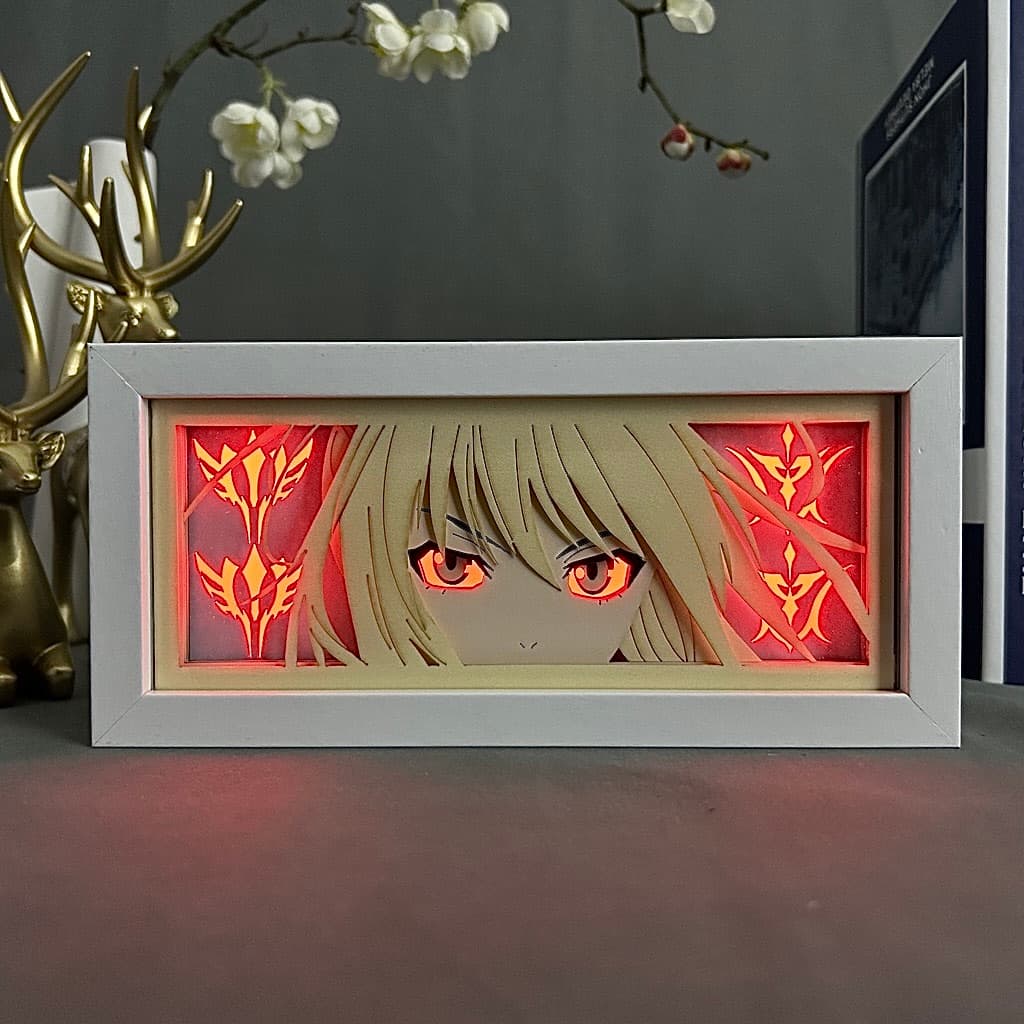 Fate/stay night Saber anime light box glowing with light on, room lights visible, by MyAnimeLightbox
