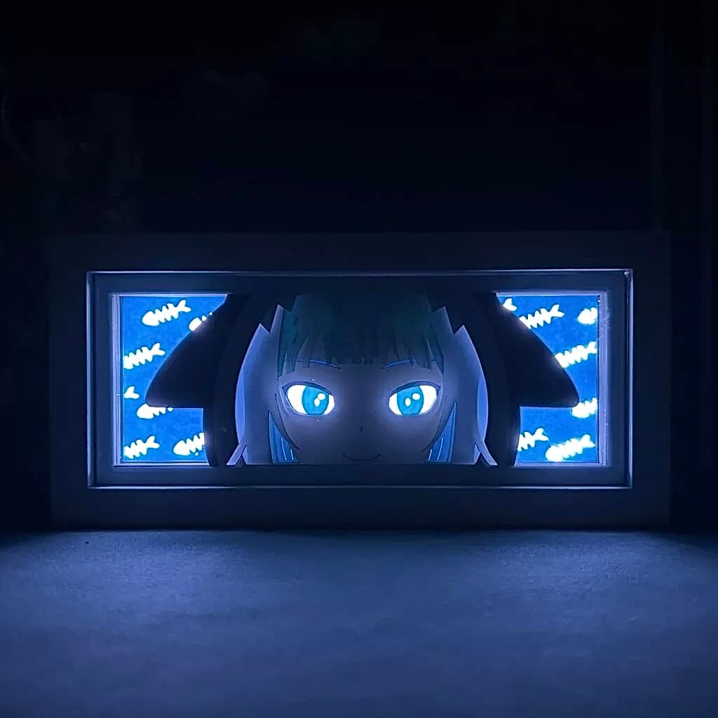 Gawr Gura Anime Light Box par Myanimelightbox, brillant dans une pièce sombre, un éclairage dramatique