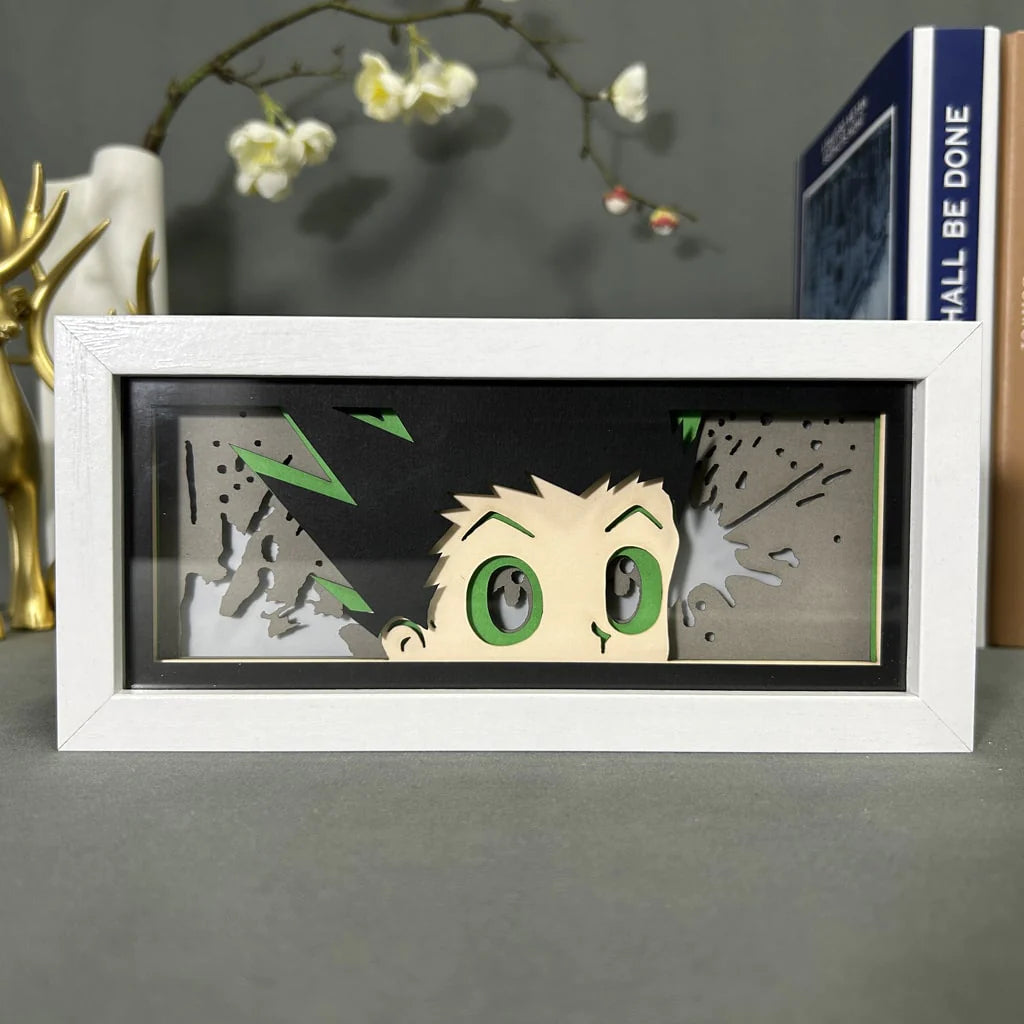 Hunter x Hunter Gon anime light box by MyAnimeLightbox, display off, in white frame with decorative background