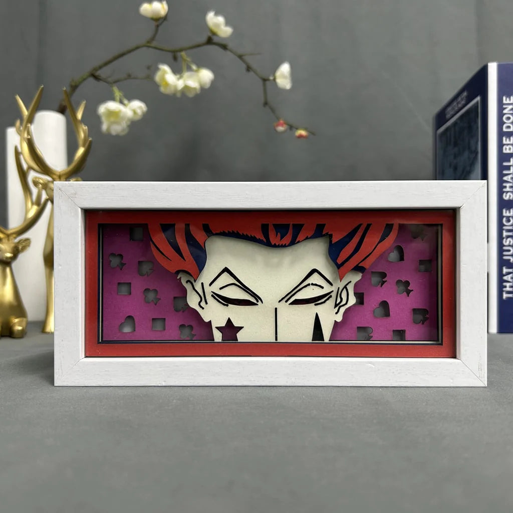Hunter x Hunter Hisoka anime light box by MyAnimeLightbox, display off, in white frame with decorative background