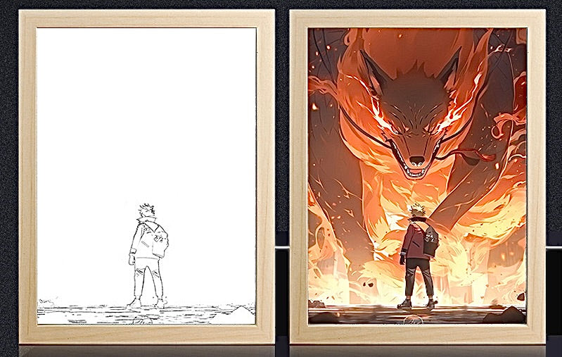 Décoration murale avec cadre lumineux Naruto et Kurama Anime