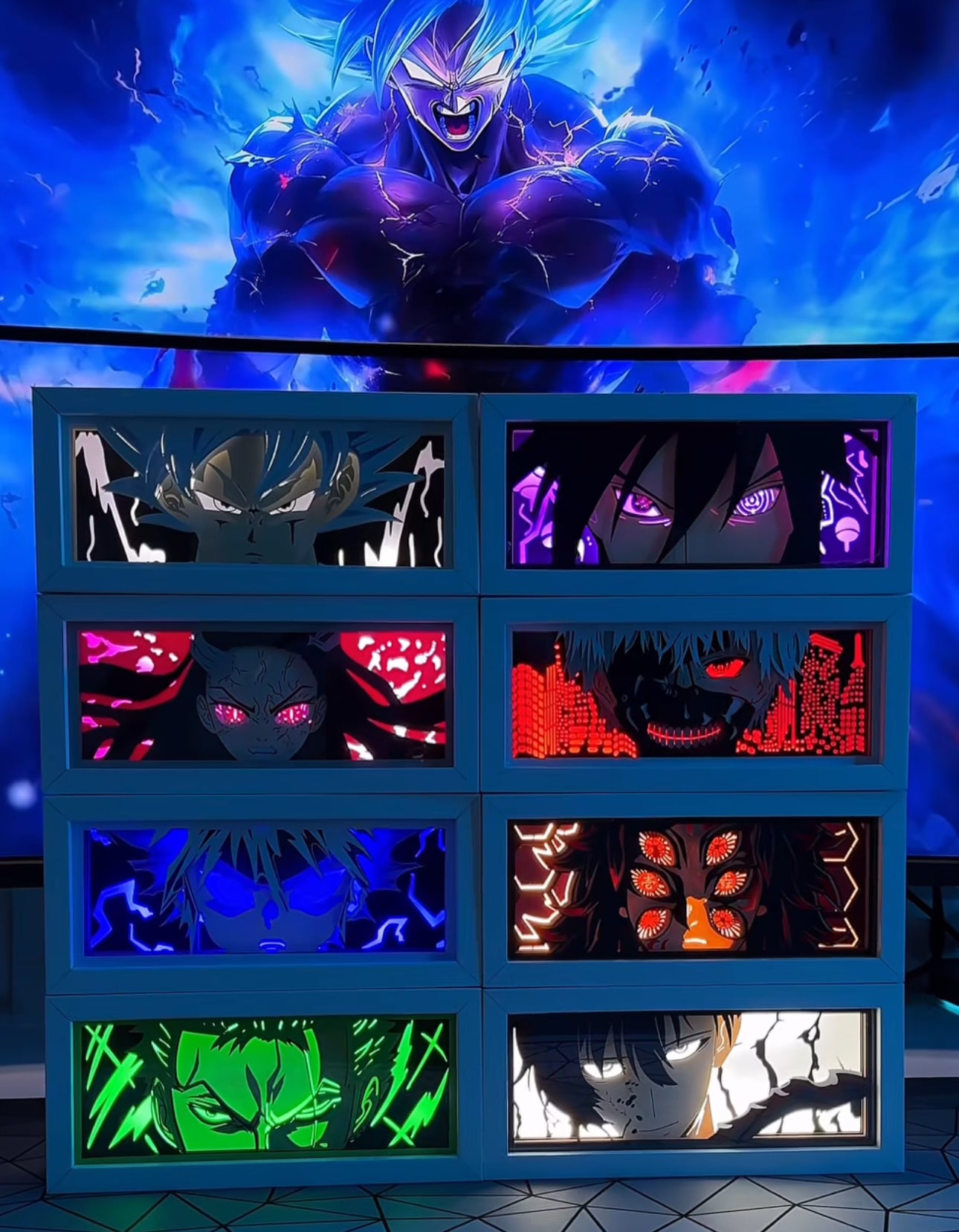 Anime character with glowing eyes on a blue background, featuring multiple anime-themed light boxes.
