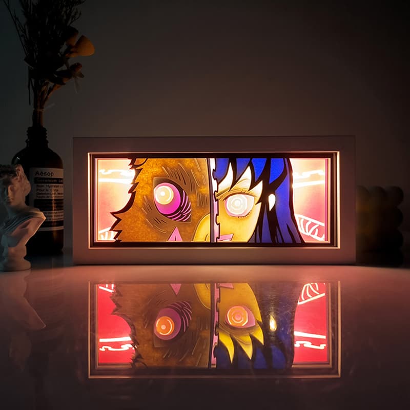 Inosuke Eyes Anime Light Box par Myanimelightbox, brillant dans une pièce sombre, un éclairage dramatique