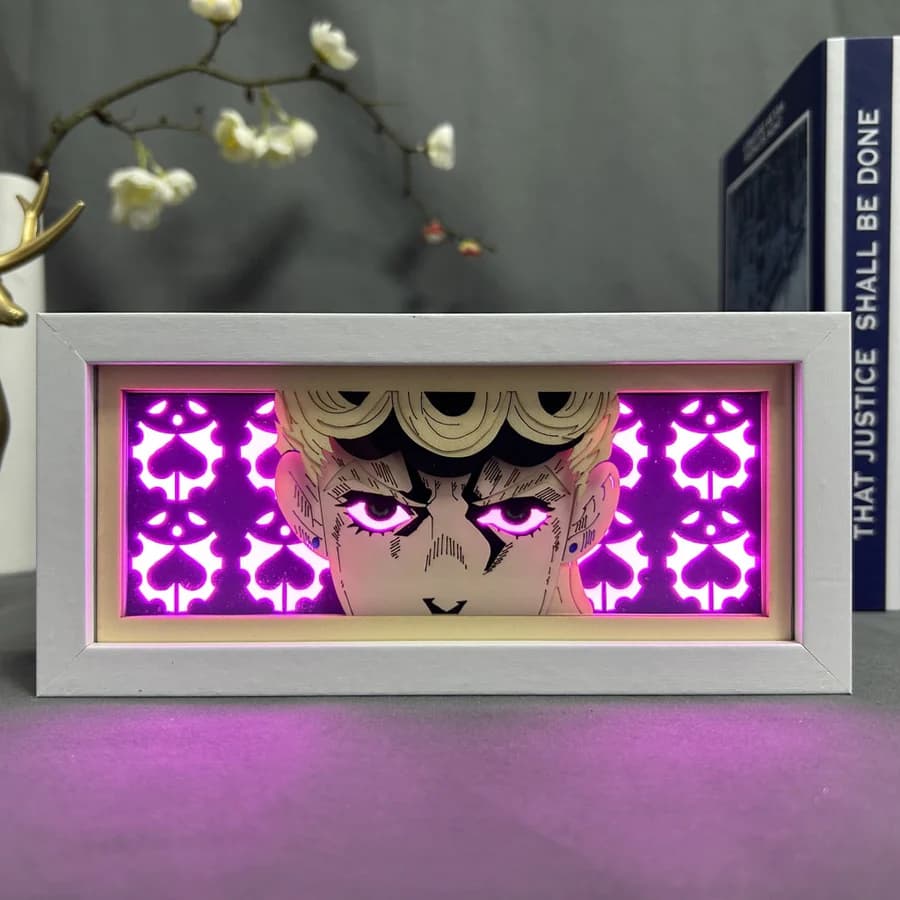 Jojo's Bizarre Adventure Giorno anime light box glowing with light on, room lights visible, by MyAnimeLightbox