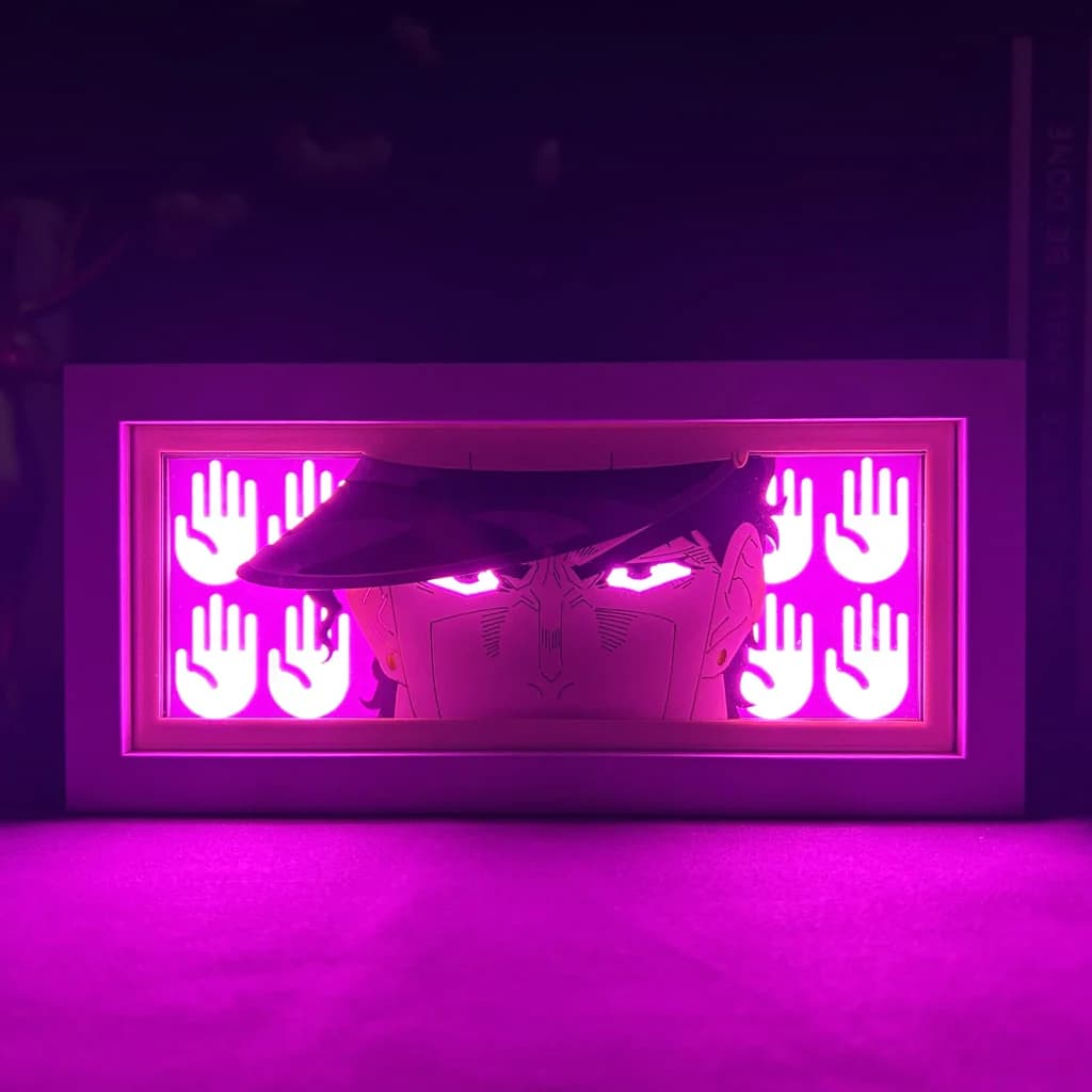 Jojo's Bizarre Adventure Jotaro anime light box by MyAnimeLightbox, glowing in dark room, dramatic lighting