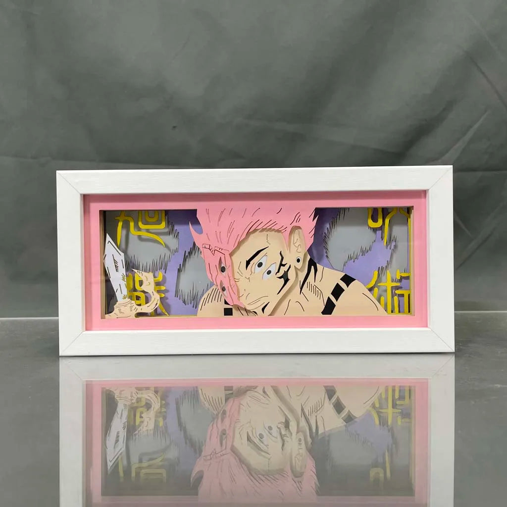 Jujutsu Kaisen Cursed Sukuna anime light box by MyAnimeLightbox, display off, in white frame with decorative background