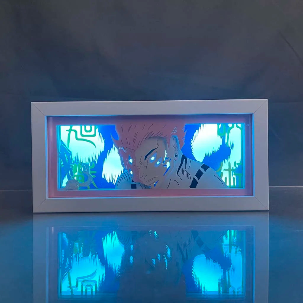 Jujutsu Kaisen Cursed Sukuna anime light box glowing with light on, room lights visible, by MyAnimeLightbox