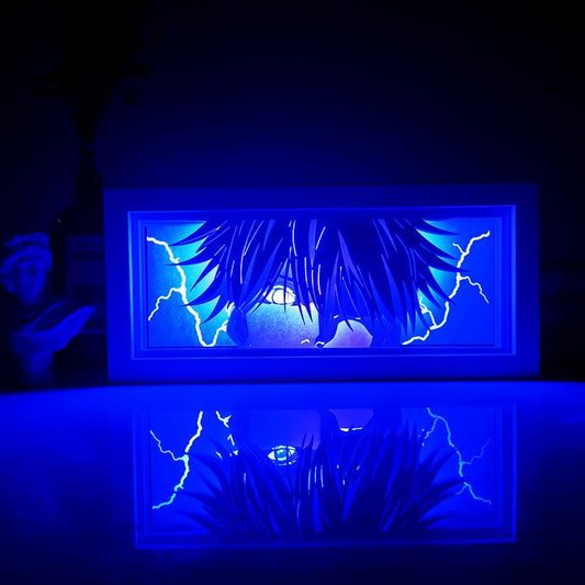 Jujutsu kaisen gojo setengah enam kotak cahaya anime mata oleh myanimelightbox, bercahaya di bilik gelap, pencahayaan dramatik