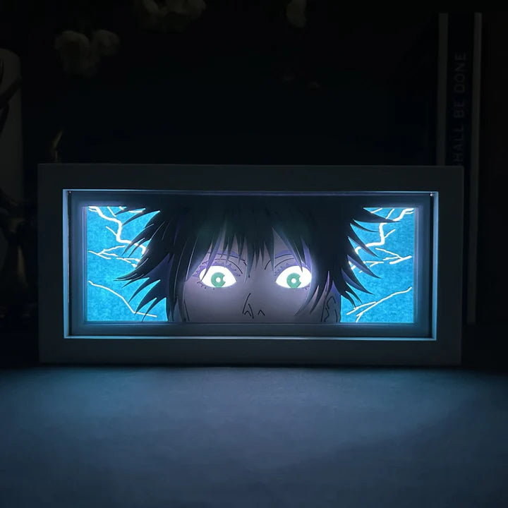 Jujutsu Kaisen Gojo Six Eyes anime light box lit up in dark room, glowing effect by MyAnimeLightbox