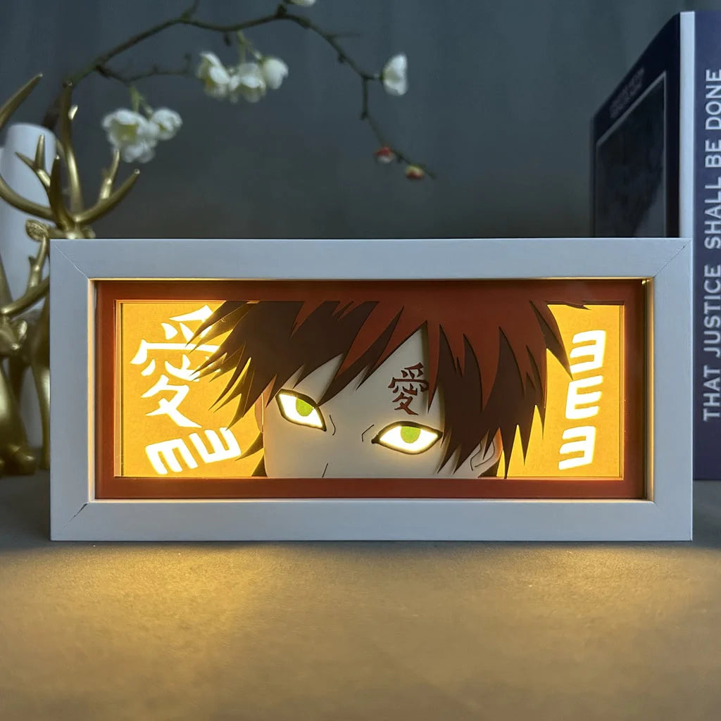 صندوق ضوء أنيمي ناروتو غارا يتوهج مع الضوء ، وأضواء الغرفة مرئية ، بواسطة myanimelightbox