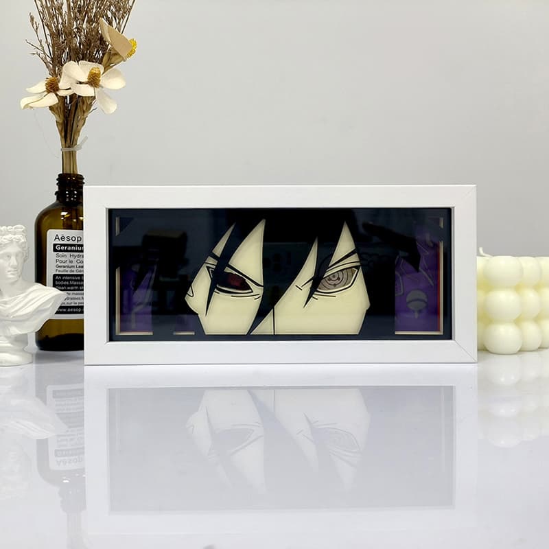 Naruto Sasuke Eternal Mangekyo anime light box by MyAnimeLightbox, display off, in white frame with decorative background