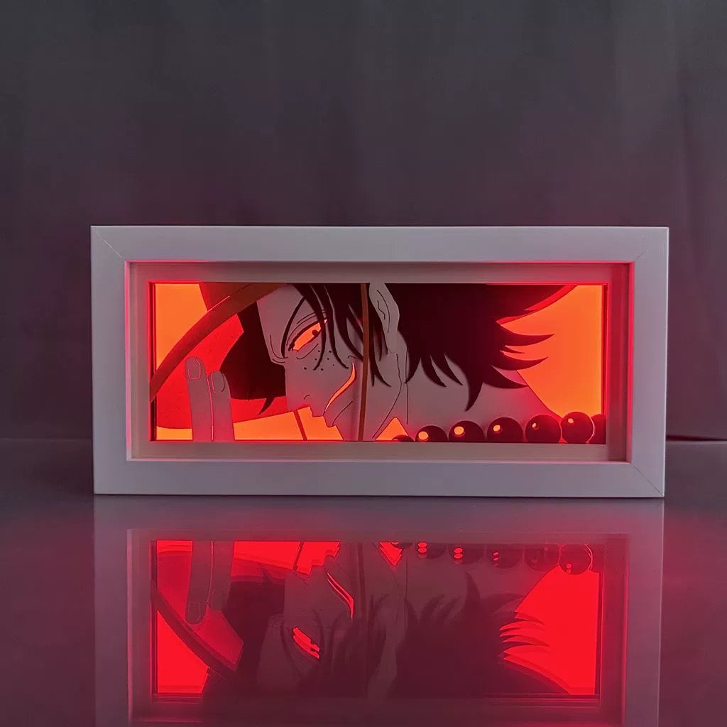 One Piece Ace Anime Light Box par Myanimelightbox, brillant dans une pièce sombre, un éclairage dramatique