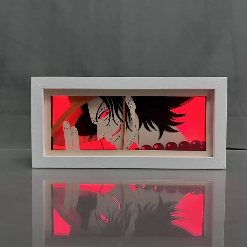 One Piece Ace Anime Light Box brillant de lumière allumée, lumières de la pièce visibles, par Myanimelightbox