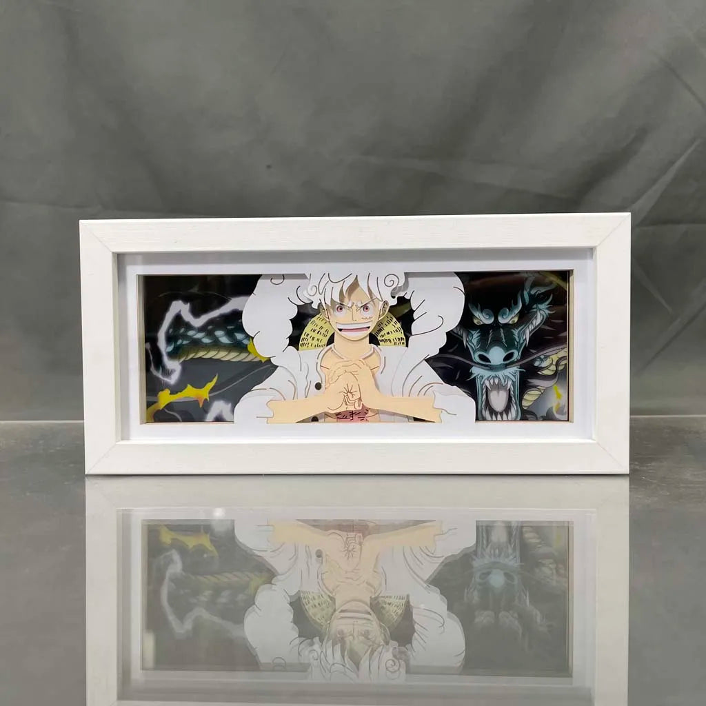 One Piece Gear 5 Dragon anime light box by MyAnimeLightbox, display off, in white frame with decorative background