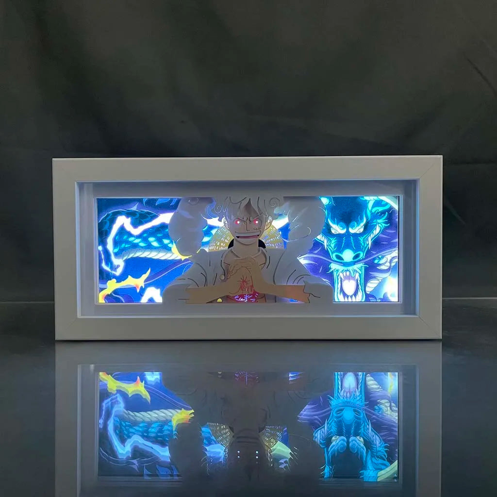 One Piece Gear 5 Dragon anime light box glowing with light on, room lights visible, by MyAnimeLightbox