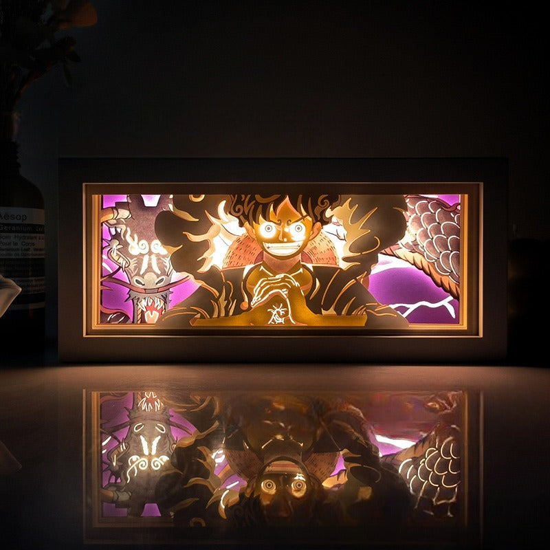 One Piece Luffy anime light box lit up in dark room, glowing effect by MyAnimeLightbox