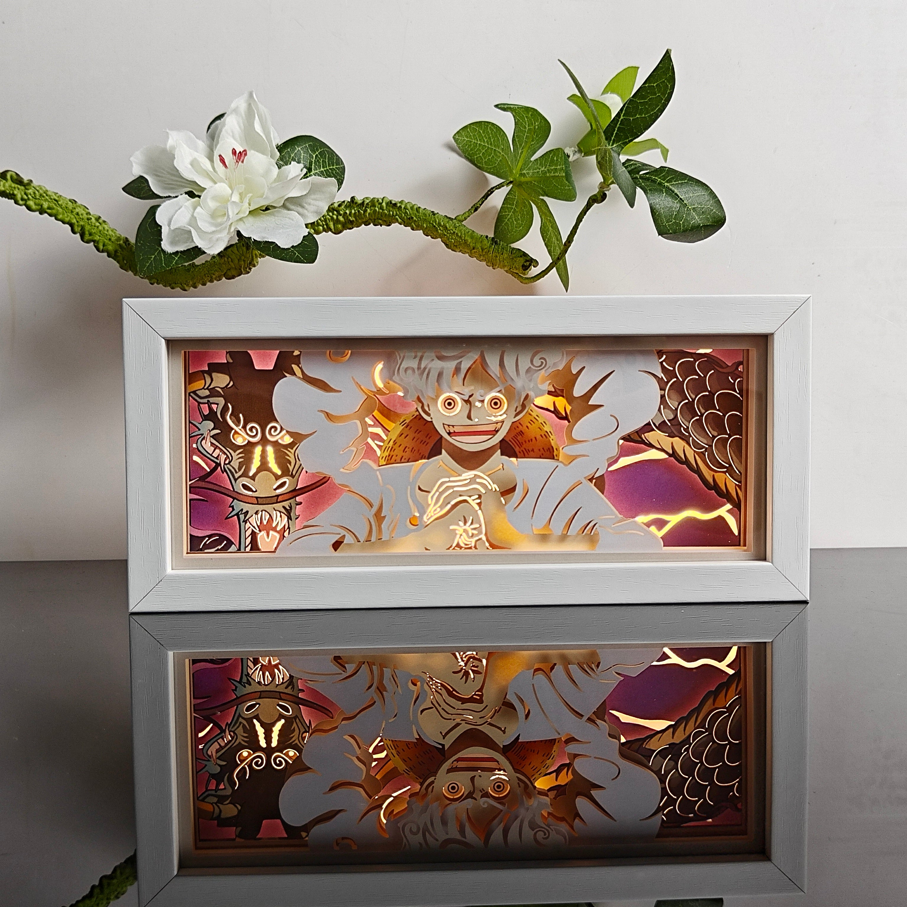 One Piece Luffy anime light box glowing with light on, room lights visible, by MyAnimeLightbox