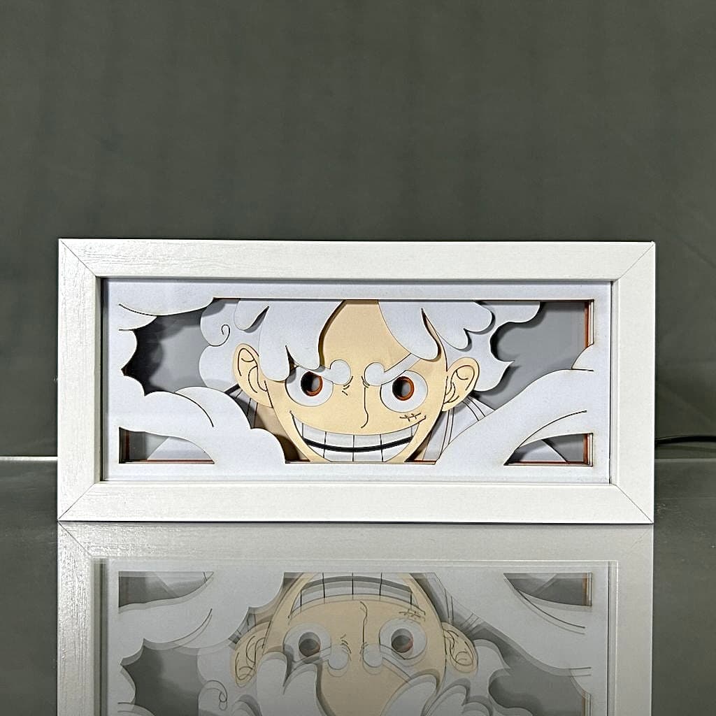 قطعة واحدة Monkey D. Luffy Anime Light Box by Myanimelightbox ، عرض ، في إطار أبيض مع خلفية زخرفية