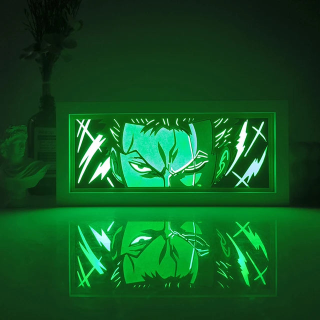 One Piece Zoro anime light box lit up in dark room, glowing effect by MyAnimeLightbox