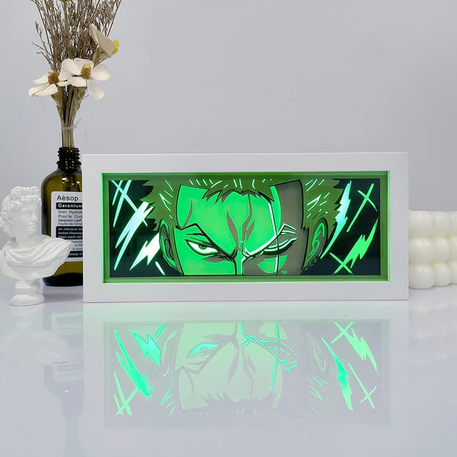 One Piece Zoro anime light box glowing with light on, room lights visible, by MyAnimeLightbox