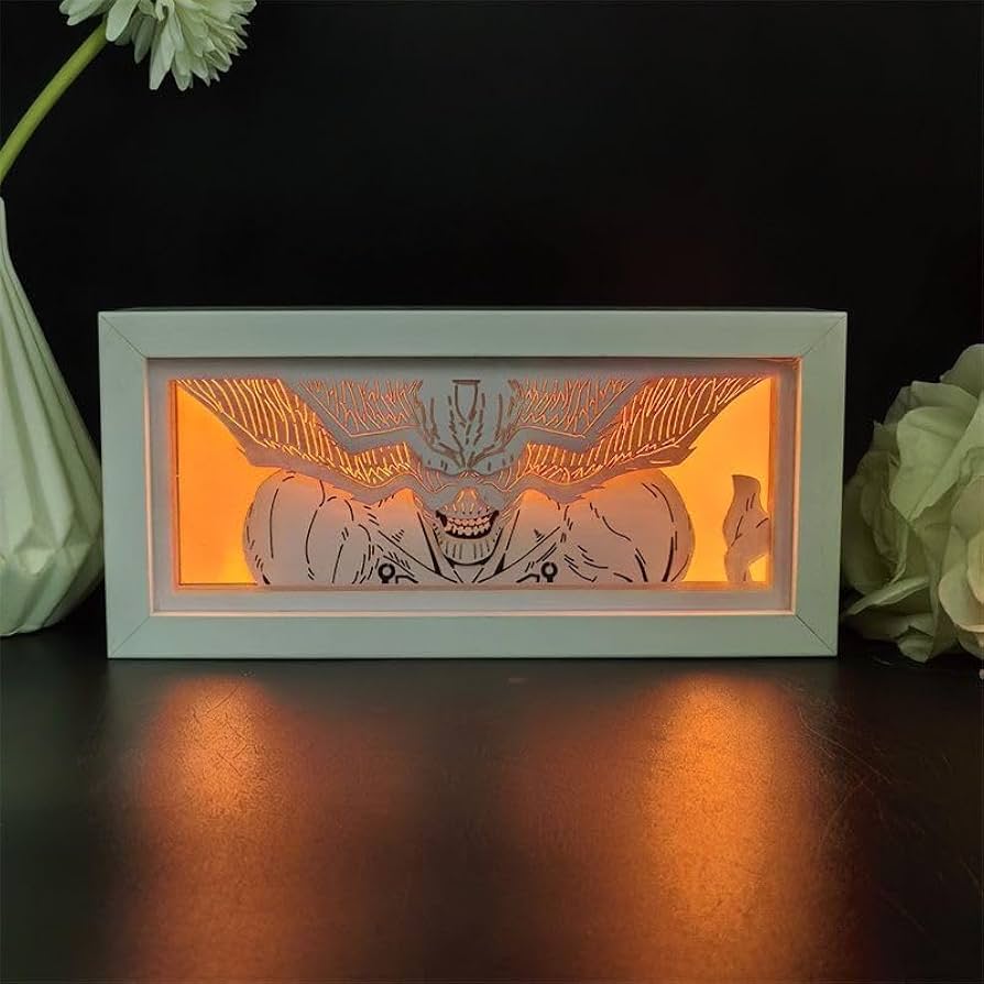 Orange LED version of Mahoraga anime light box radiating cursed energy vibes