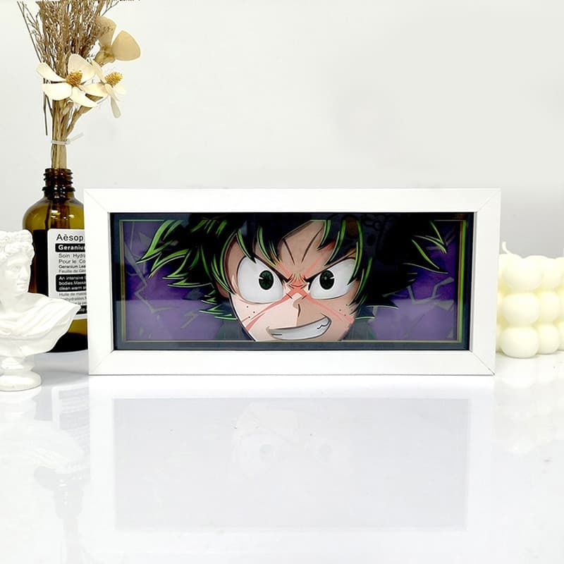 Overlay Deku anime light box by MyAnimeLightbox, display off, in white frame with decorative background