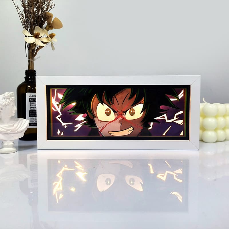 Overlay Deku anime light box glowing with light on, room lights visible, by MyAnimeLightbox