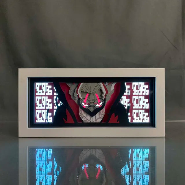 Bijela LED verzija Dandadan Anime Light Box prikazuje intenzivno fokus očiju s sobom svjetlo iz MyAnimeLightBoxa