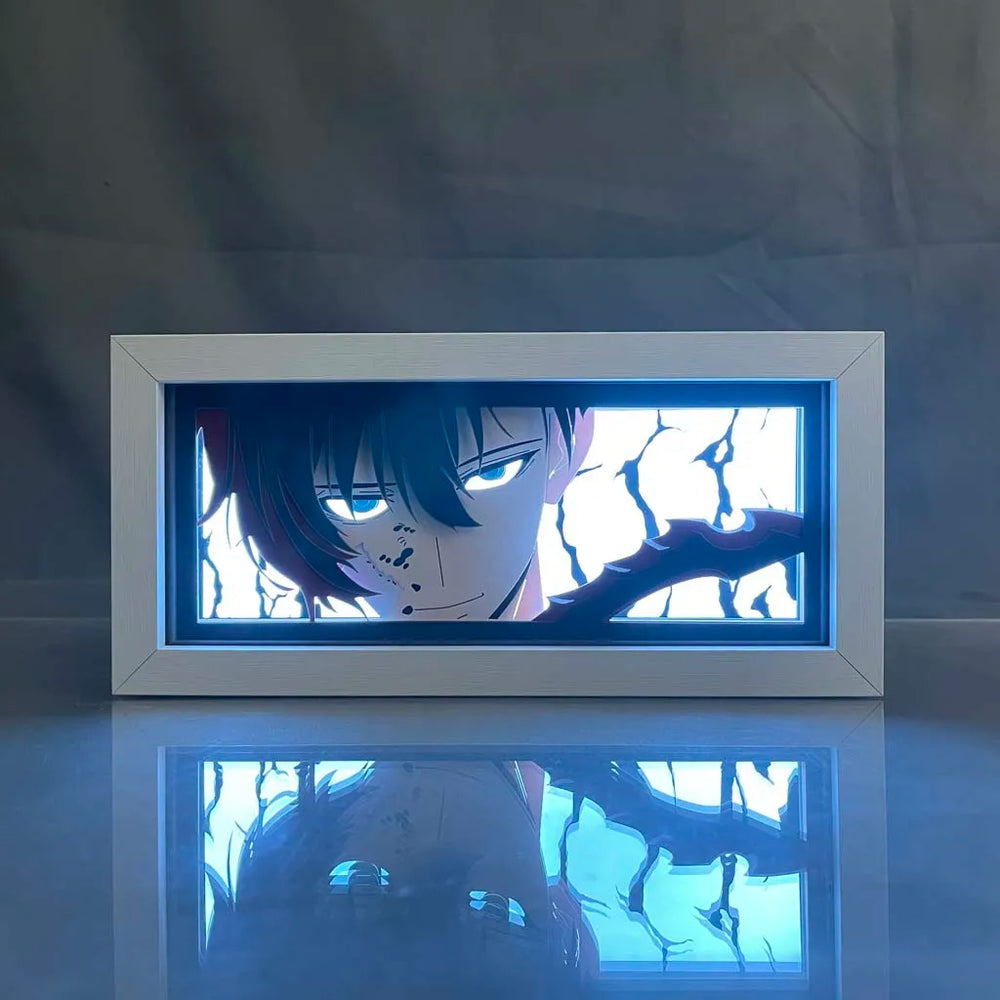 Solo nivellement chanté Jin Woo Anime Light Box par Myanimelightbox, brillant dans une pièce sombre, un éclairage dramatique